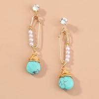 natural stone irregular drop earrings imitation pearls gold wire wrap asymmetric pendant earring for women gift jewelry