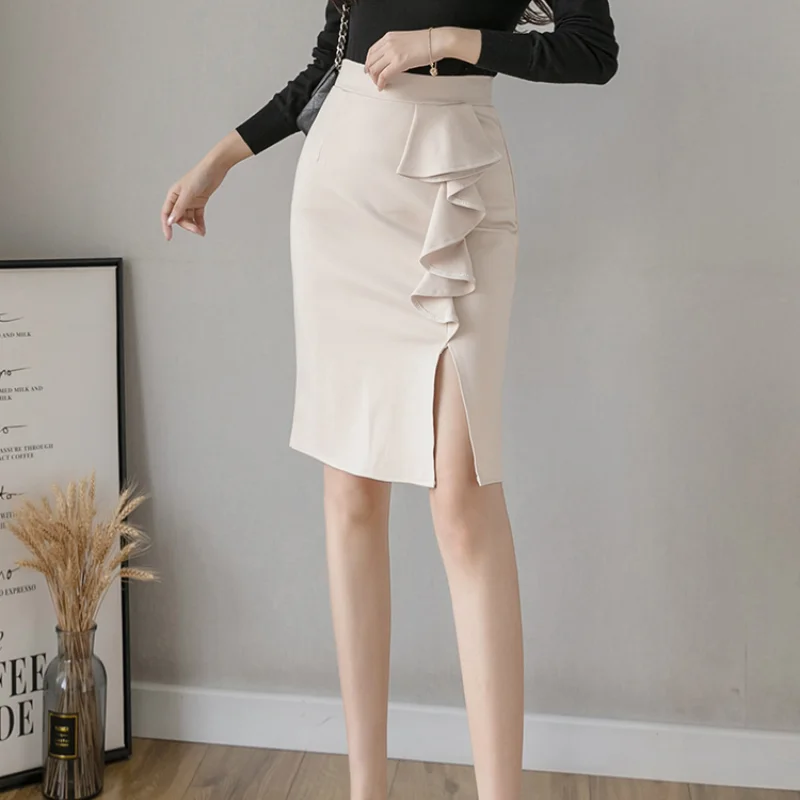 

Spring Summer Women Fashion Midi Pencil Skirts Chic Ruffled Slit High Waist Office Lady Elegant Elastic Package Hip Skirt Female