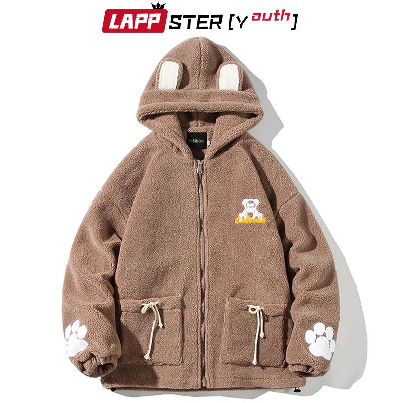 

LAPPSTER-Youth Men Kawaii Rabbits Hooded Winter Jacket 2022 Korean Style Lambswool Parkas Male Harajuku Streetwear Jackets Coats