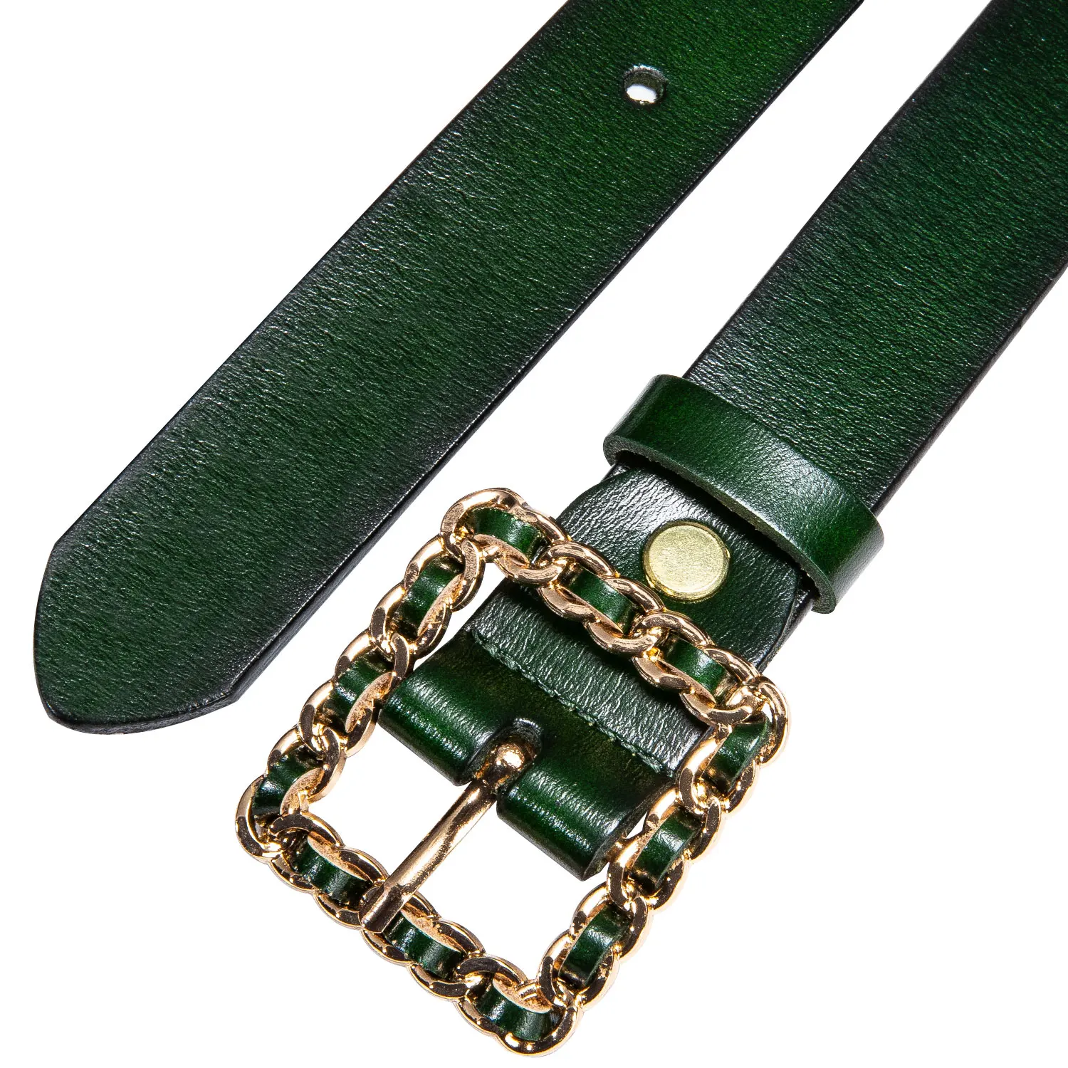 Ремень женский с зеленой пряжкой золотистый квадратный для джинсов|Женские