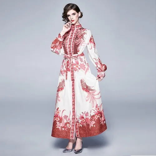 

Fashion Runway Designer Mermaid A-Line Waist Maxi Dress Women Lantern Sleeve Stand Collar Button Sashes Floral Print Lady Dress