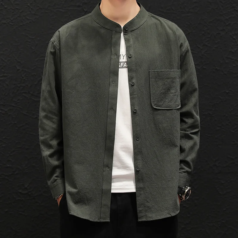 

Privathinker Cotton Linen Men's Long Sleeve Shirts 2022 Korean Solid Color Stand Up Collar Man Oversized Blouses Tops Male Shirt