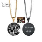 Ожерелье Uzone из нержавеющей стали с круглой подвеской, персонализированное ожерелье с гравировкой имени, даты и фото для семьи, памятные подарки