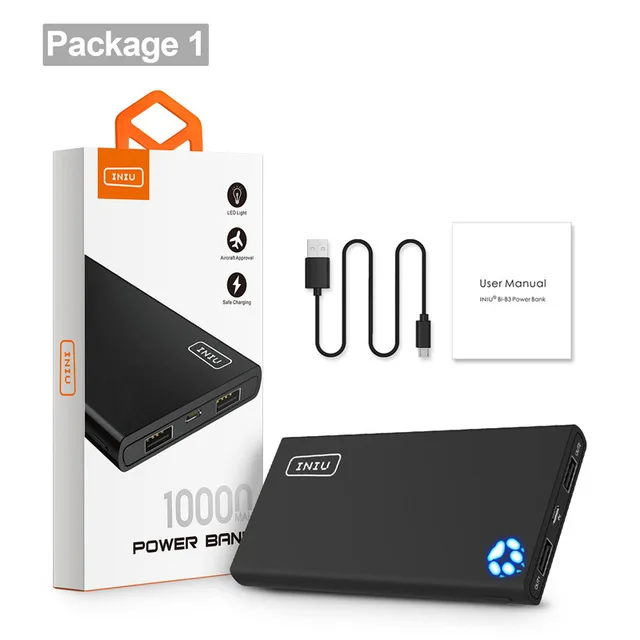 Black INIU 10000 мА/ч, а, внешний аккумулятор, двойной, 2 USB, портативное зарядное устройство, внешний аккумулятор для iPhone X, Xiaomi Mi, телефон, повербанк, внешний аккумулятор - Цвет: Black