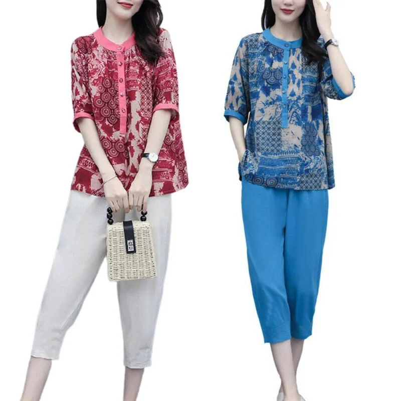 

Women's Printed Vintage Style Short Sleeve Top T-shirt+ Pants 2pcs Sets Outfits