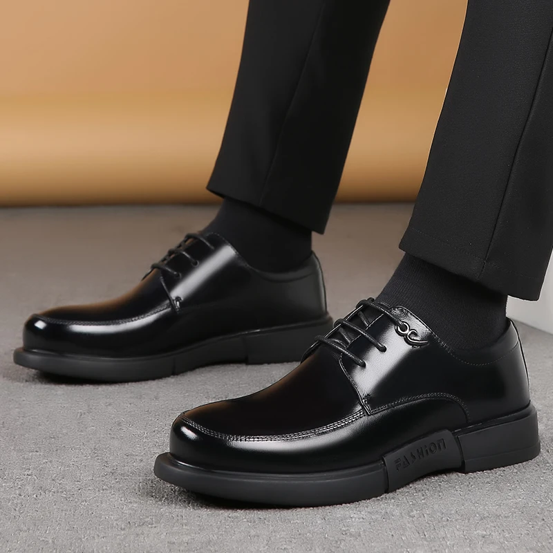 

Misalwa Round Toe Casual Men's Business Shoes Leather Loose Style Lace-up Korea British Thick Sole Formal Shoes Tide Suit Shoes