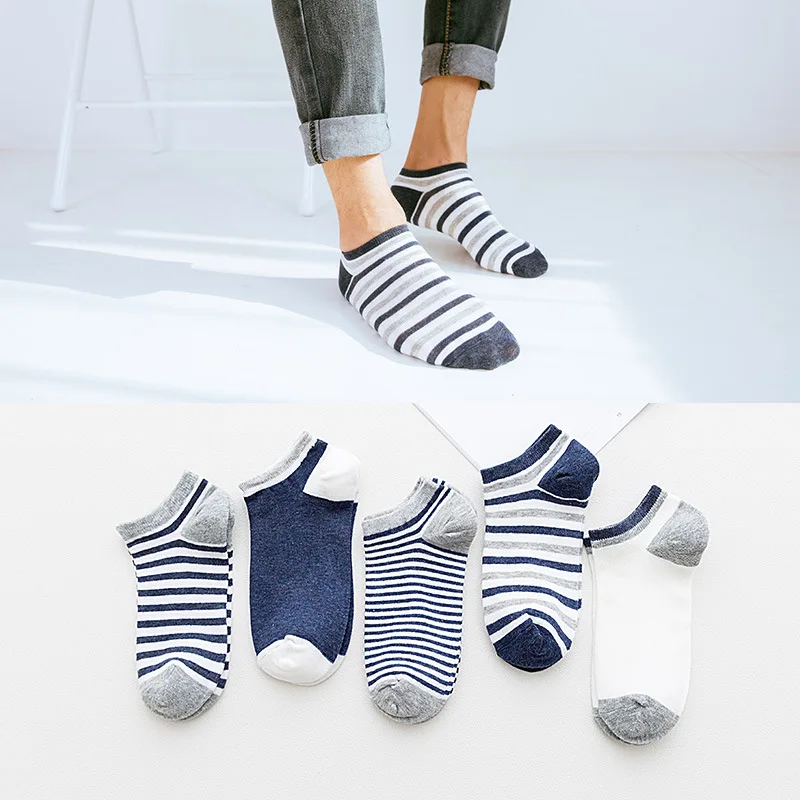 

5 Pairs Stripe No Show Socks Men No Slip for Spring Summer Thin Happy Men Socsk Cotton Shallow Mouth and Casual Calcetines 31905