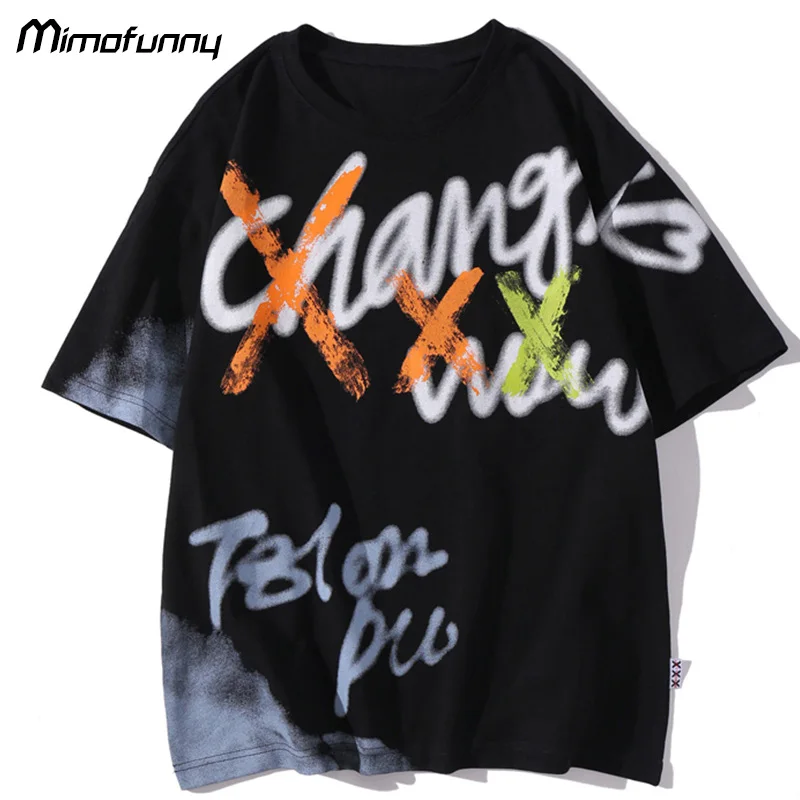 

Hip Hop T Shirt Men Watercolor Letter Graffiti Men‘s Tee Shirts Summer Loose Cozy Casual Tops Couple Fashion Harajuku Streetwear