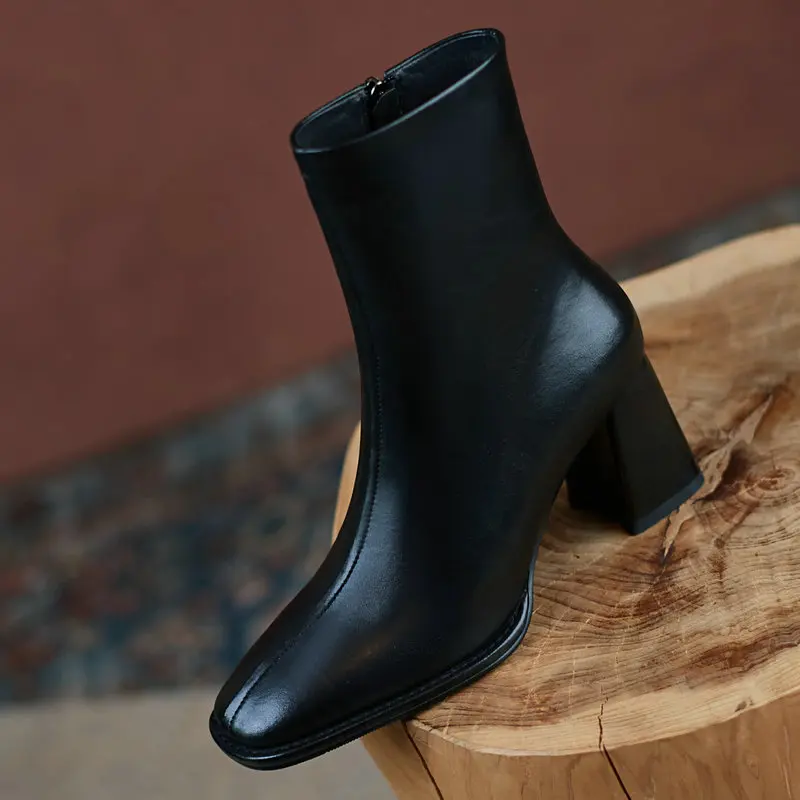 

Genuine Leather Square Toe Thick high Heels boots Concise Office Women Ankle Boots Autumn Winter side Zipper Shoes Woman