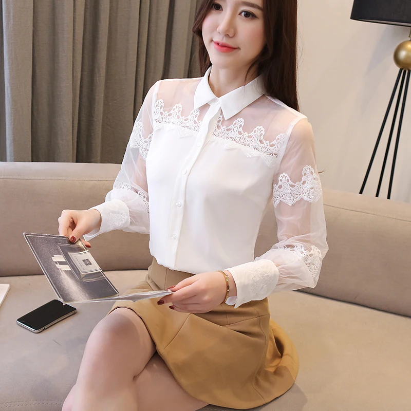 Ажурные блузки с длинным рукавом рубашки 2021 новая одежда шифоновая рубашка