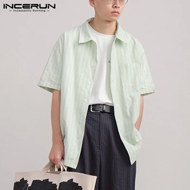 

INCERUN Men Striped Shirt Summer Turn Down Collar Short Sleeve Button Casual Blouse Streetwear Pockets 2021 Hawaiian Shirts Men