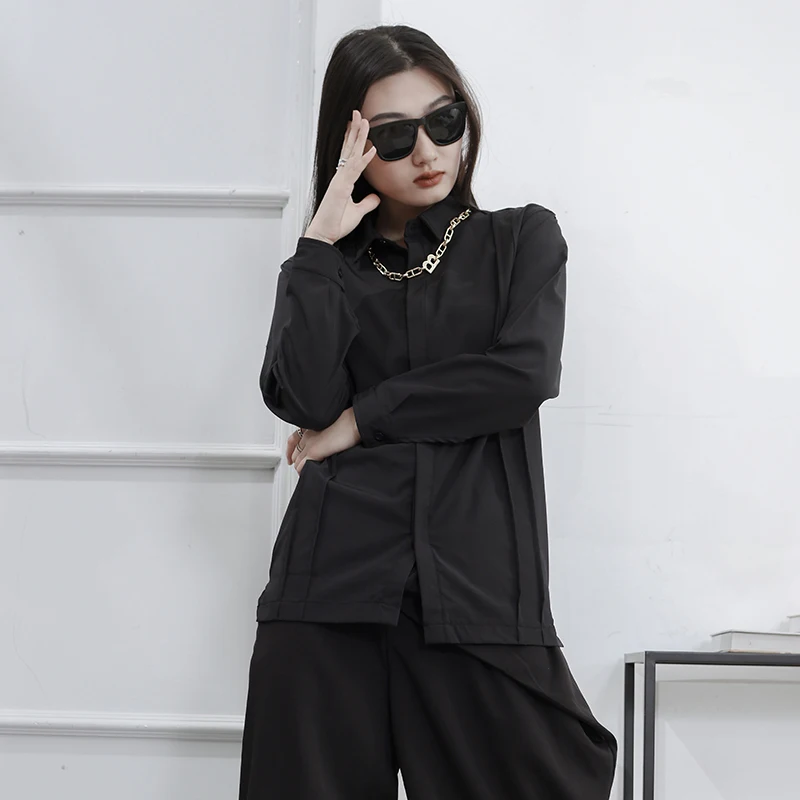 

Black Slim Long Sleeve Shirt, Solid Color Shirt, Large Size Women, European and American Hip Hop Japanese and Korean Dark Style