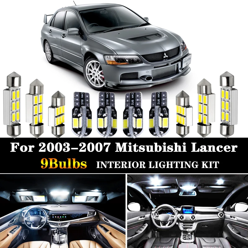 9pcs White Bulb LED Car Light Interior Kit For 2003-2007 Mitsubishi Lancer 12V Map Dome Trunk Step Courtesy License Plate Lamp