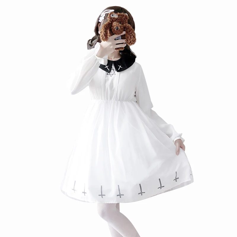 

Summer Women Gothic Lolita Dress Female Harajuku Cross Star Kawaii Tulle Chiffon Vestidos Cute Dark Girl Dresses