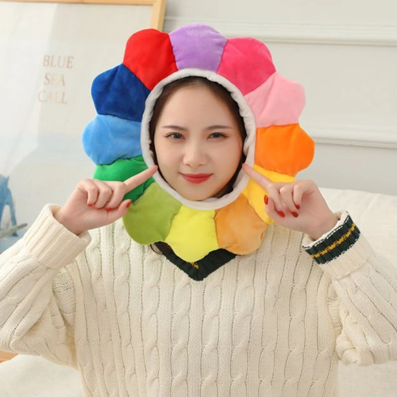 

Lovely Rainbow Colorful Sunflower Plush Hat Funny Petals Stuffed Toys Headgear Warm Hood Cap Cosplay Party Photo Props