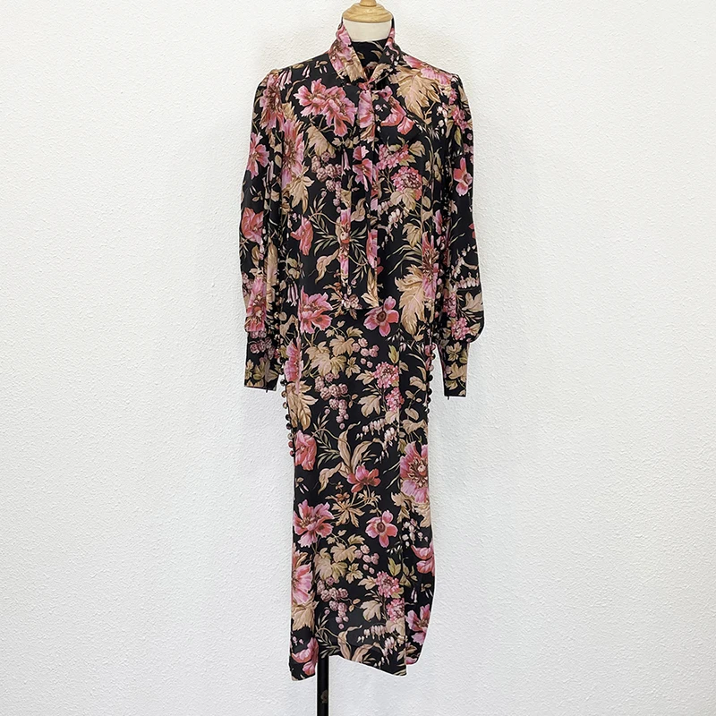 

Spring and summer silk print loose long sleeve dress with side split skirt
