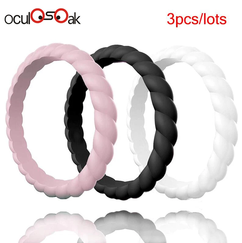 3pcs Hot Fashion 3mm Thin Braided Silicone Ring For Women Wedding Rings Sports Hypoallergenic Crossfit Flexible Rubber Finger Ring - Цвет основного камня: 3pcs