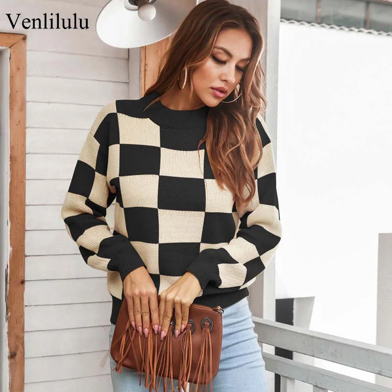 

Осенний свитер в клетку, женский свободный вязаный свитер, пуловер, женский джемпер, винтажные свитера с длинным рукавом 2021