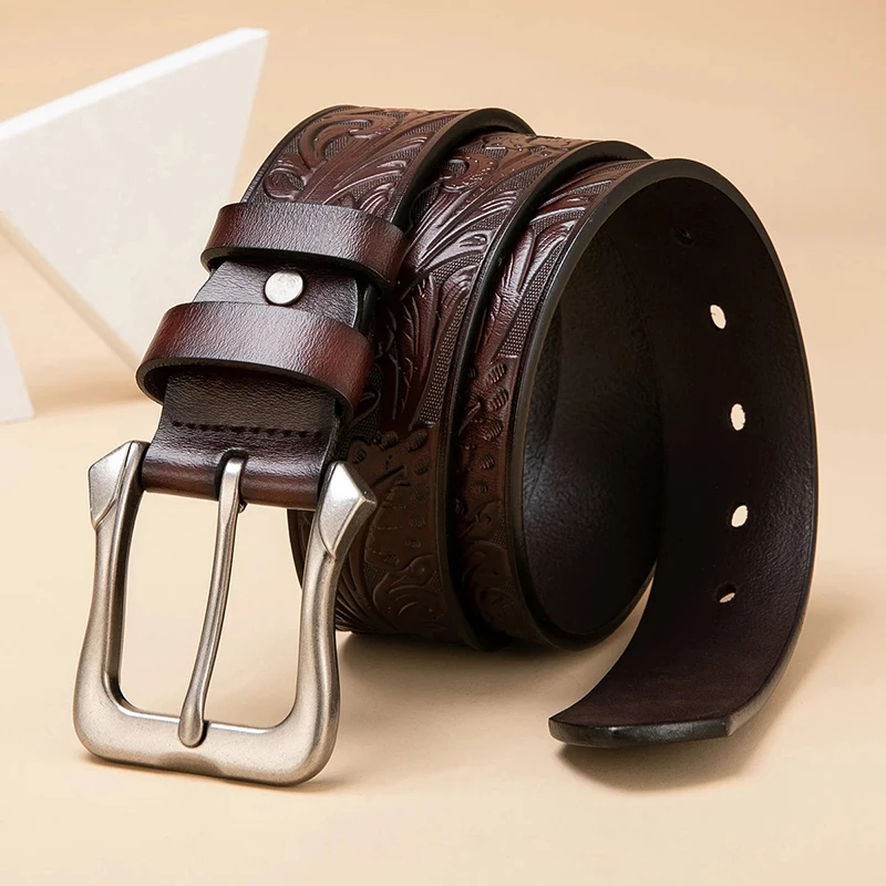 Bison Denim Vintage Cowhide Genuine Leather Belt Men Brand Luxury Pin Buckle Belt Male Carved Pattern Waist Strap And Gift Box
