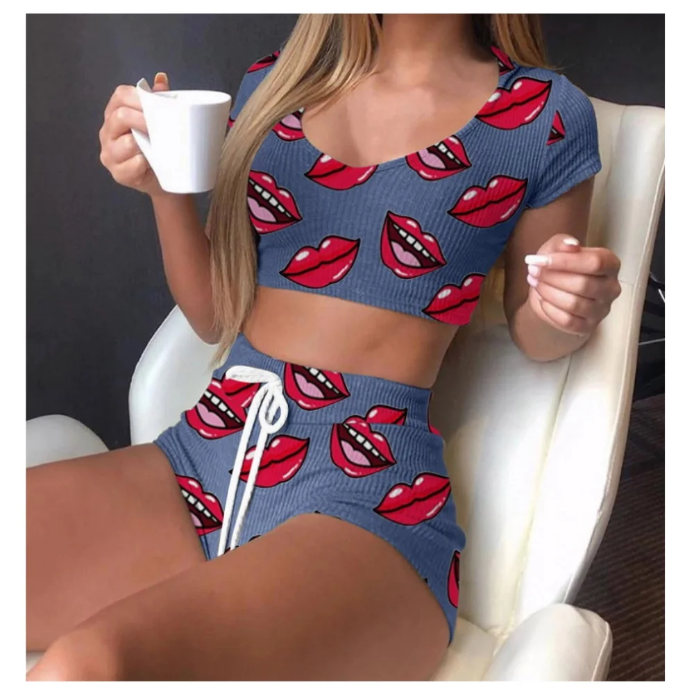 

Пижамные комплекты 2021, женские штаны с принтом губ и коротким рукавом, одежда для сна, пижама, ночная рубашка, домашняя одежда, пижама для жен...