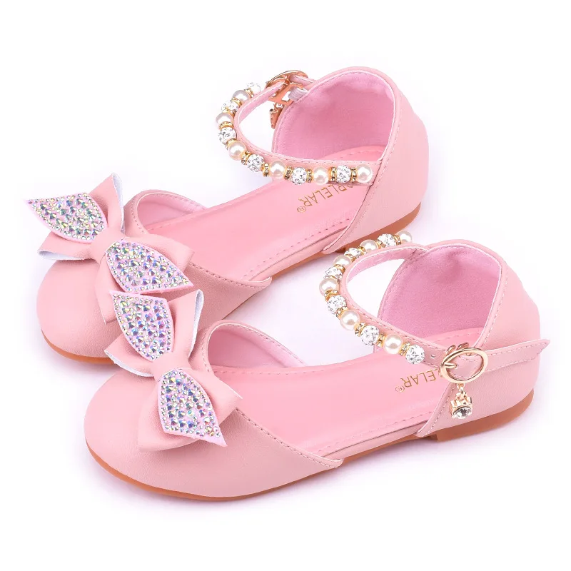 

New Fashion Leather Shoes Pearl Bow Girls Princess Party Performance Kids Dance Shoes Student Flat Shoes G387