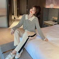 Sleeve Sweater Topsharem Pants Casual Tracksuit Fashion Stripe Patchwork Two Piece 2021 New Loose Women Turn-down Collar Short