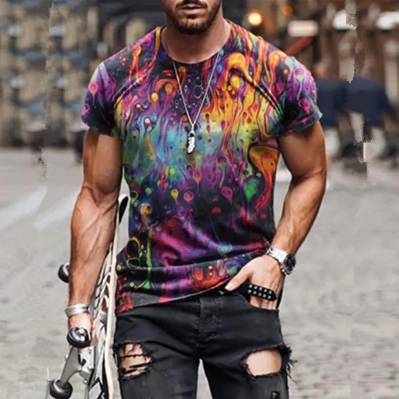 

Summer New Mens Fashion 3D Colorful Graffiti Short Sleeve T-Shirt Vintage Casual Men Streetwear Graphic T Shirts Homme Stitch