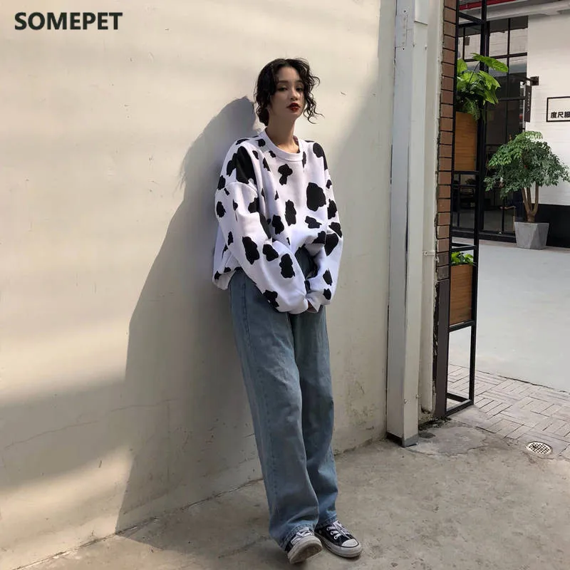 

Japanese Autumn Female Loose Long Sleeve Hoodies Sweatshirts Cow Milk Printed Hoodie Fashion Women Casual Sweatshirt