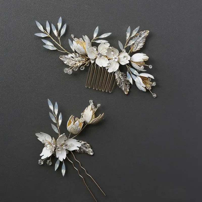 

Opal Crystal Hair Comb Pin Vintage Gold Hairpin Flower Leaf Headpiece Headdress Bride Wedding Jewelry Bridal Accessories m200