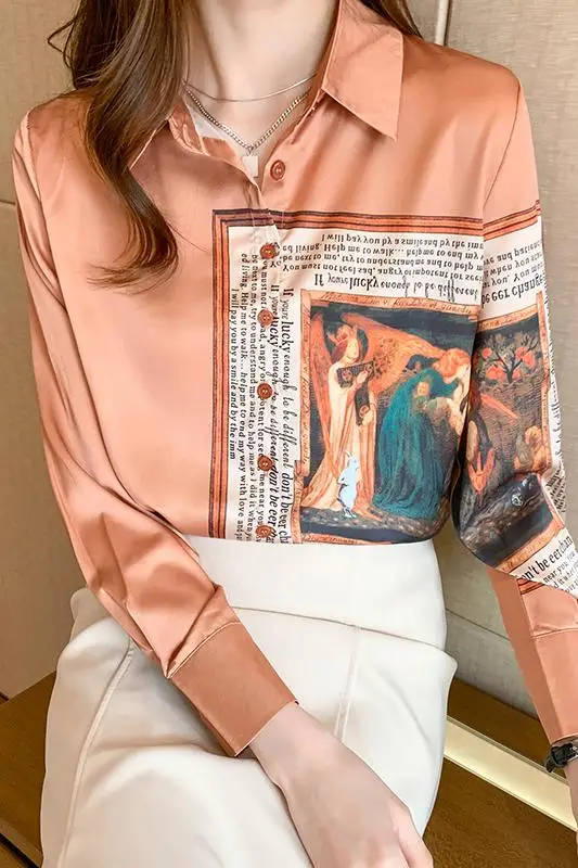 

Houthion Chiffon Slim Women's Blouses New Casual Blouse Fashion Long Sleeve Top Printed Buttons Shirt Spring/autumn