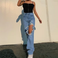fashion hole denim straight leg pants casual wild high waist burr pocket loose jeans sexy ripped slim washed blue women trousers
