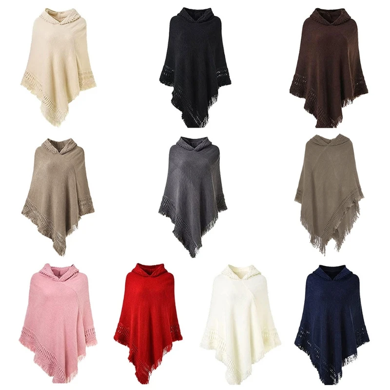 Women Winter Warm Knitted Hooded Poncho Cape Solid Color Crochet Fringed Tassel Shawl Wrap Oversized Pullover Cloak Sweater Top