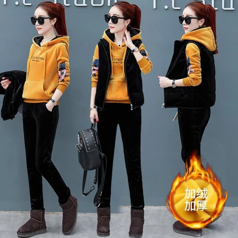 Женский спортивный костюм 2019 зимний утолщенный свитер золотые бархатные