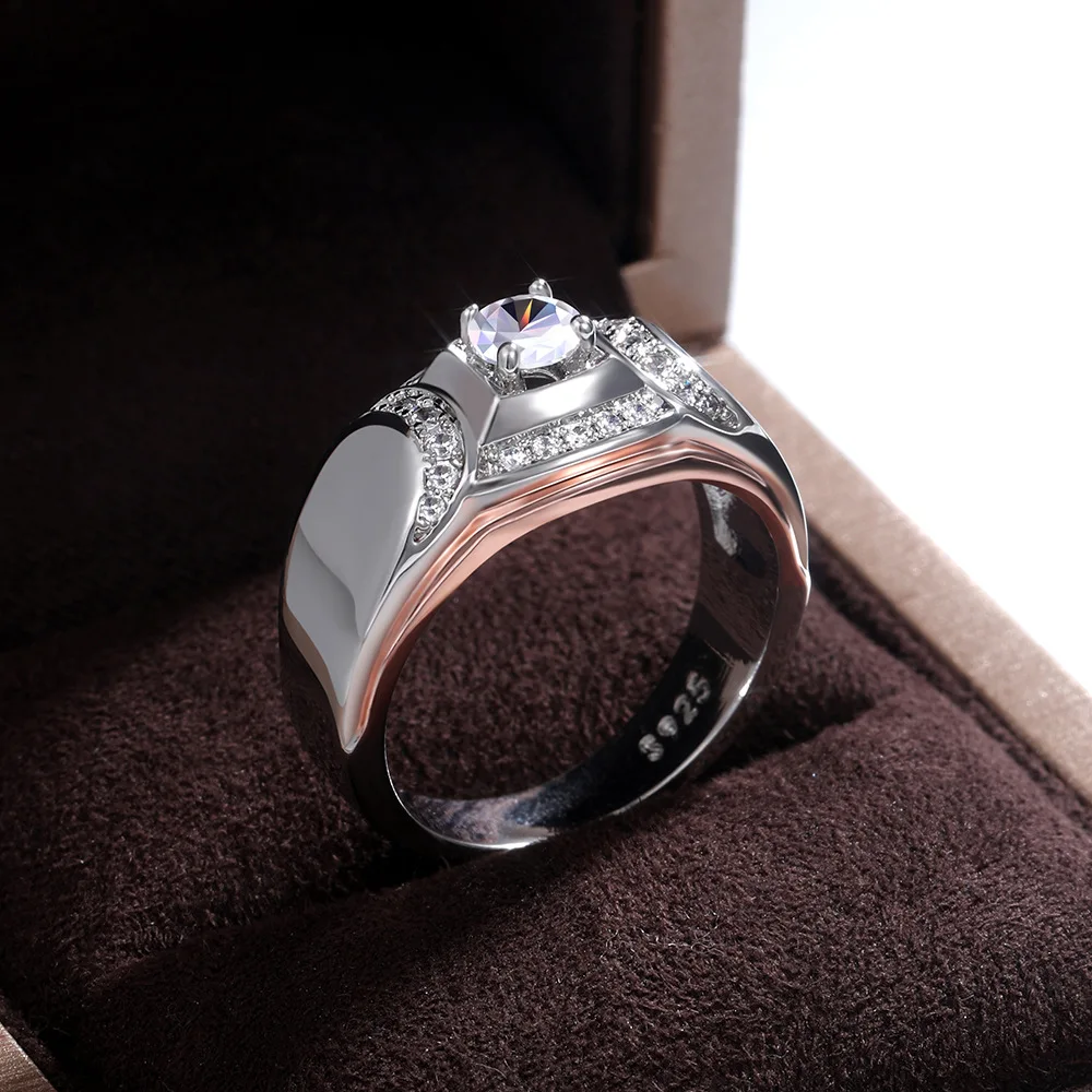 

Luxury Male Female White Zircon Stone Ring Rose Gold Silver Color Wedding Ring Crystal Round Big Engagement Rings For Women Men