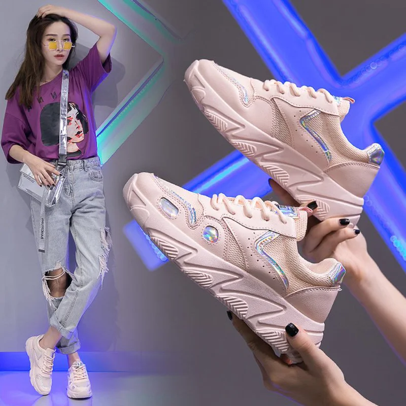 

Women Shoes 2019 New Summer Breathable Mesh Sneakers Fashion Beige Pink White Wedge Shoes Ladies Shoes Basket Femme