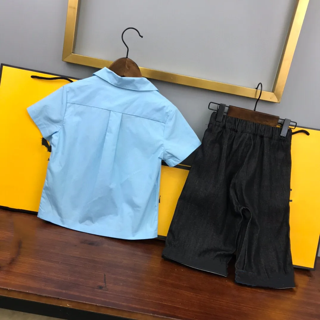 

2021 Summer top high end fashion brand blue shirt + black denim pants two piece boys' suit 2468 10 years old Y