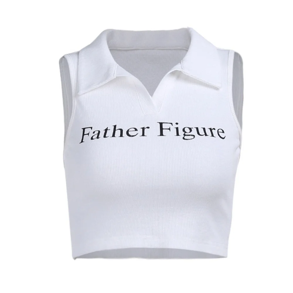 

Women Knitted Polo Neck Sleeveless Crop Top Fashion Slim Letter Printing White Tank Tops Summer Streetwear Casual Vest