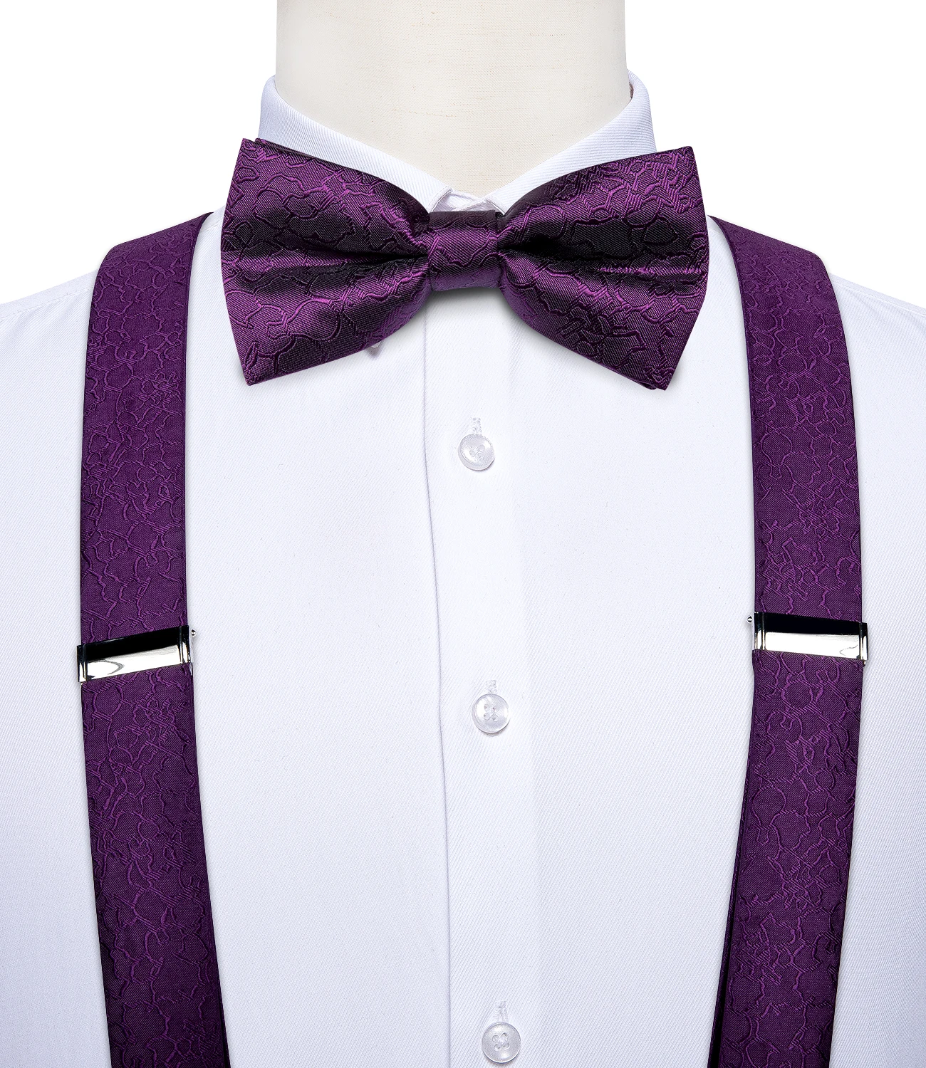 DiBanGu-Tirantes de seda púrpura de lujo para hombre, conjunto de 6 Clips ajustables de cuero y Metal, pajarita preatada, conjunto cuadrado de bolsillo #4008