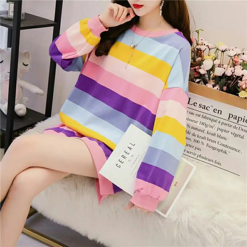 Женские толстовки в радужную полоску повседневные длинные оверсайз с круглым