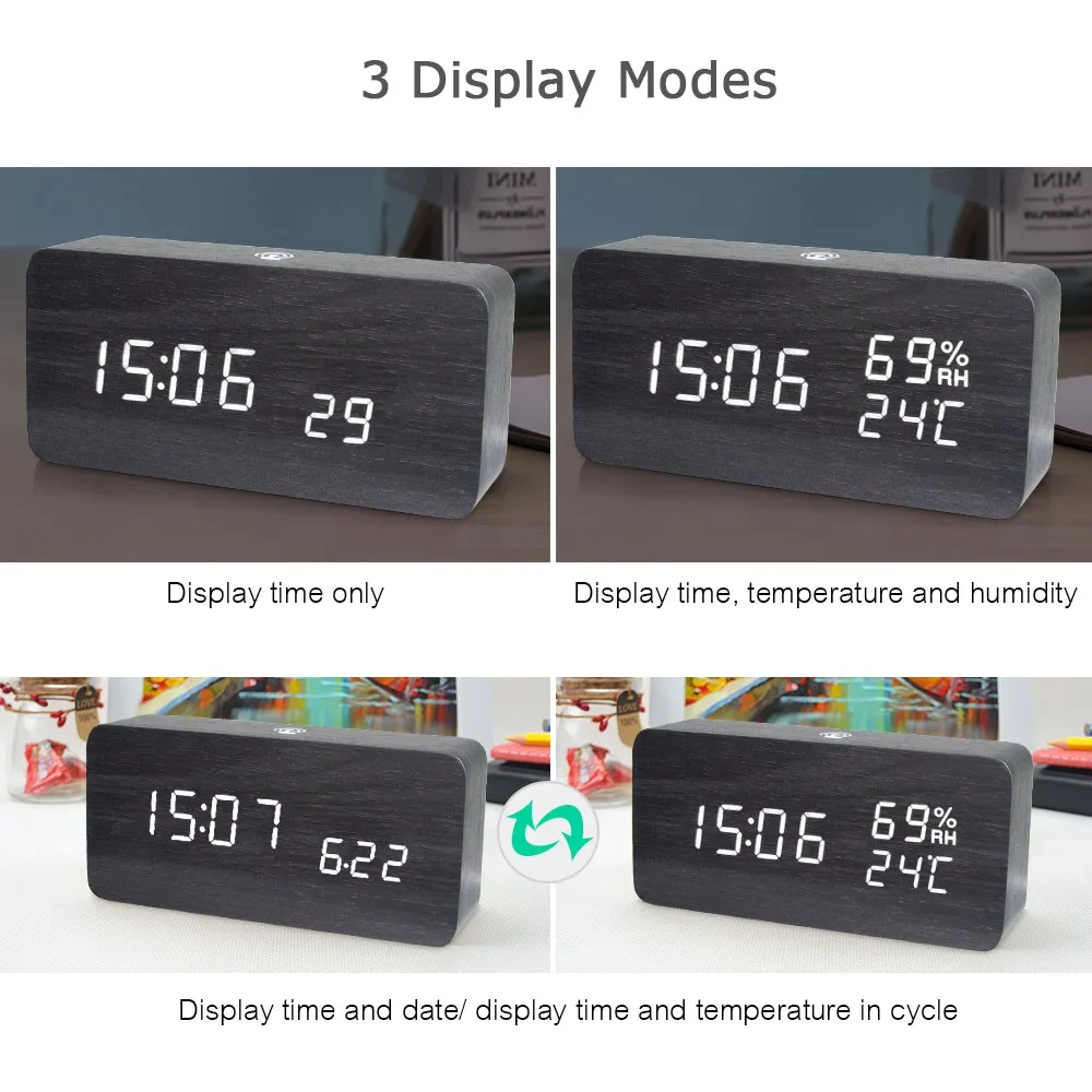 Деревянный светодиодный Будильник с голосовым управлением цифровые деревянные