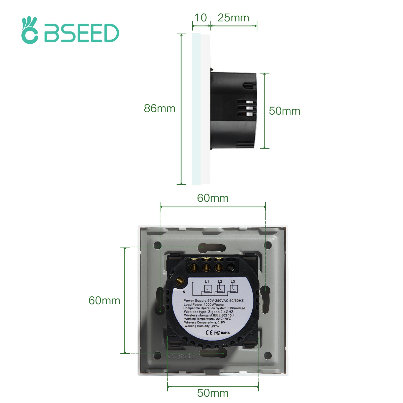 Настенный сенсорный выключатель Bseed Mvava Zigbee Smart стеклянная панель для дома 2