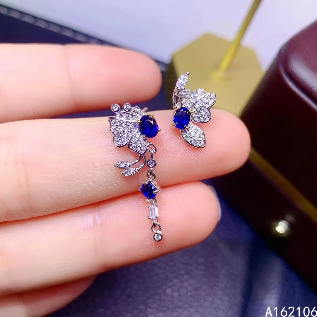 Fine Jewelry 925 Pure Silver Chinese Style Natural Sapphire Girl Luxury Noble Asymmetric Butterfly Gem Earrings Ear Stud Support