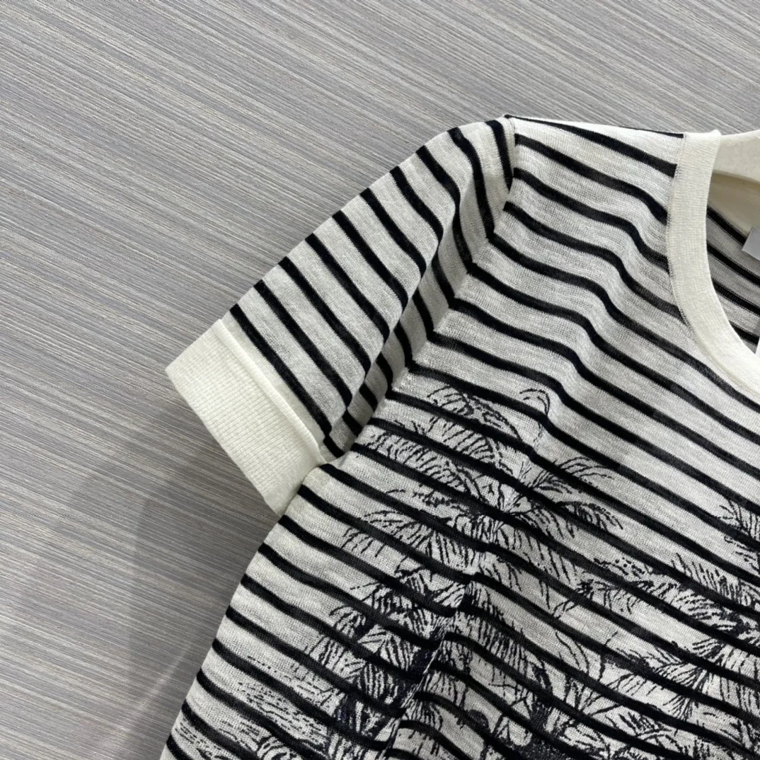 2021 new women fashion short-sleeved casual striped coconut printed linen sweater 0430