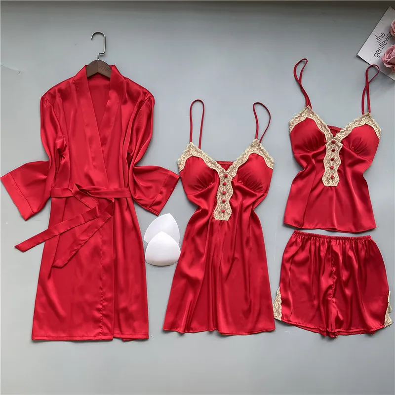 

4PCS Rayon Lady Robe Gown Sets Sexy V-Neck Nightgown Lingerie Bathrobe Sleep Suit Sweet Lace Flower Trim Spring Lounge Home Wear