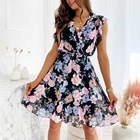 Новое поступление 2021 летнее платье элегантные женские светильник с треугольным вырезом и оборками с эластичной резинкой на талии, на шнуровке, с цветочным рисунком мини-платье трапециевидной формы в уличном стиле Vestidos