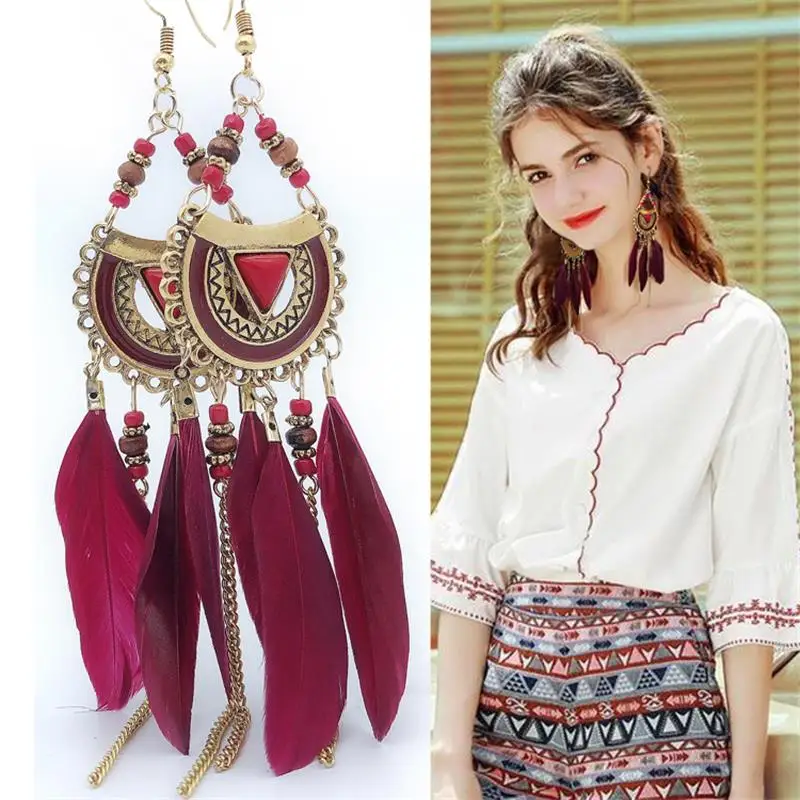 

Bohemian Vintage Tassel Feather Earrings For Women Temperament Pendientes Seaside Resort Beach Female Earrings Charms Jewelry