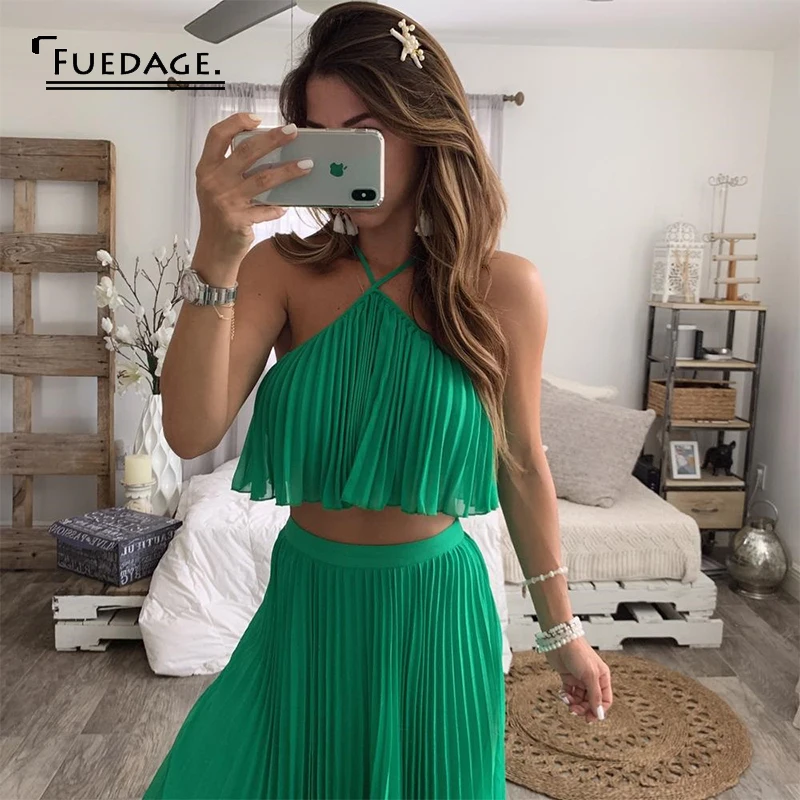 Fuedage Летний шифоновый Зеленый сексуальный комплект из двух предметов с рюшами
