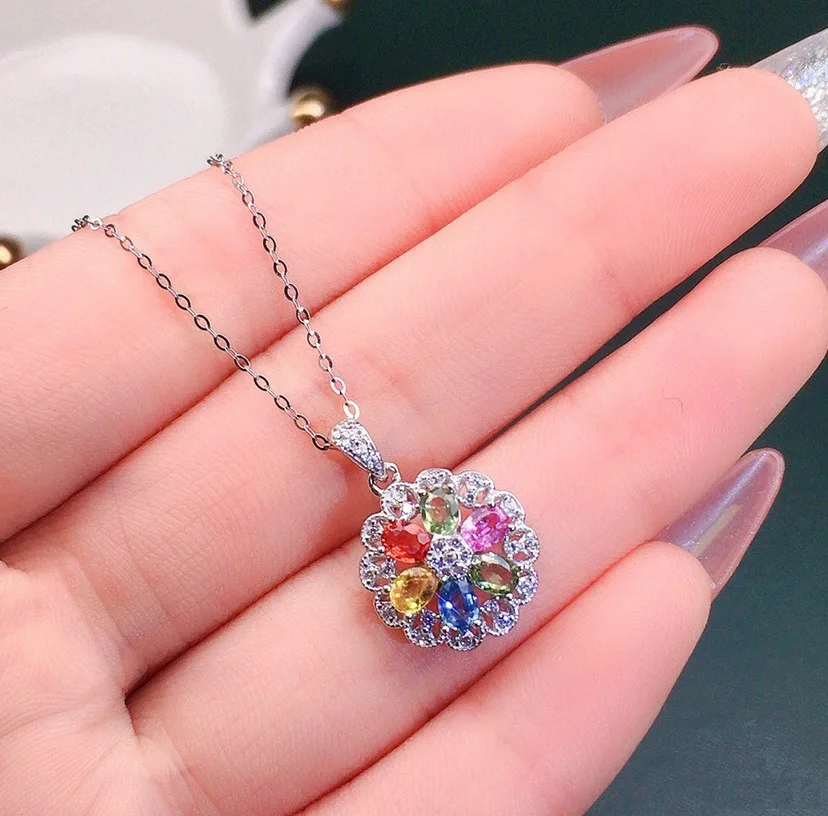 

New 925 Silver Seven Colors Flower Pendant Choker Inlaid Pave CZ Gemstone Necklace for Women Fine Jewelry Student Party Gift