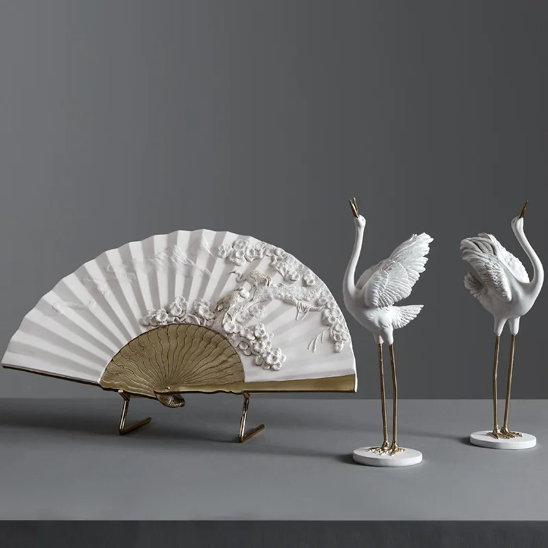 

New Chinese Zen crane ornament fan creative living room Xuanguan TV cabinet model room home soft decoration