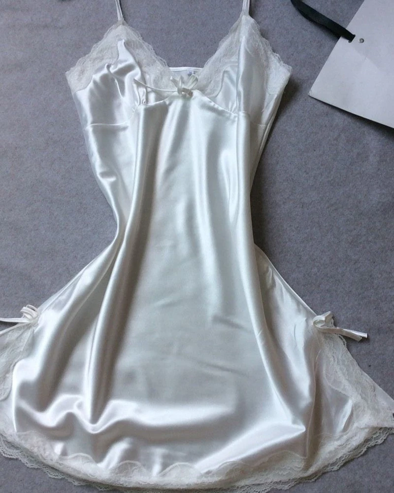 

Spring Women's Satin Nightgown 2021 New Femme Spaghetti Strap Mini V-Neck Dress Ladies Solid Lingerie Pajamas Babydoll Underwear